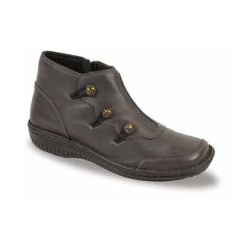 Grey ankle boot with three buttons on side.