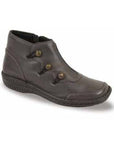 Grey ankle boot with three buttons on side.