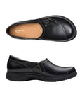 Top and profile view Certina Ease loafer in black leather with elastic with silver button and a solid, durable design black rubber outsole. Detailed light stitching used. Beige footbed with gold Clarks logo at heel.