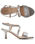 Top and profile view of silver heeled sandal. Features adjustable buckle slingback. 