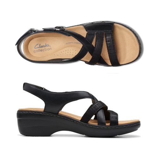 Top and profile view of Merliah Bonita sandal in black. Footbed is beige with Clarks branding, thick rubber outsole is black. 