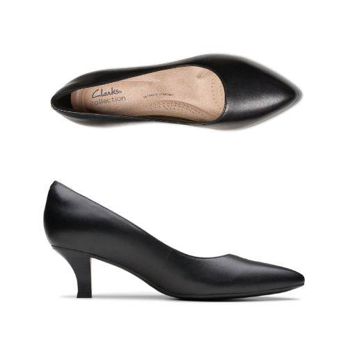 Top and side view of black leather pump with tan footbed featuring air perforations and Clarks collection logo at the heel