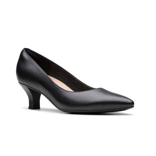 Clark's black leather pump with curved heel and pointed toe