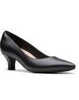 Clark's black leather pump with curved heel and pointed toe