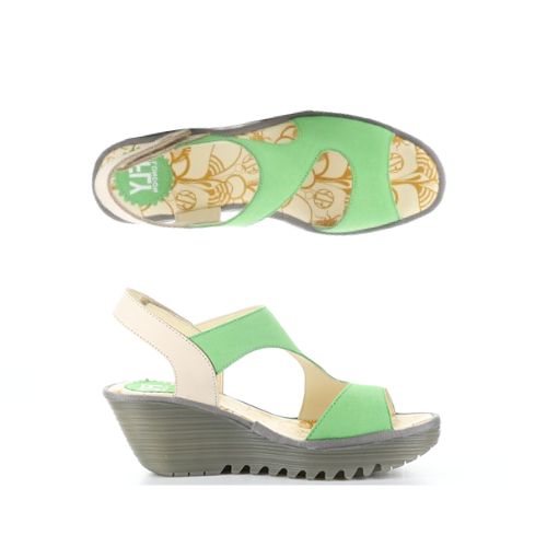 Top and side views of Yoxa Wedge Sandal in green with beige accents, showcasing the cushioned insole and sturdy rubber outsole.