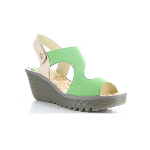 Yoxa Wedge Sandal in green with beige backstrap, featuring a 2.5-inch wedge heel, Velcro strap, and durable rubber sole.