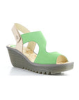 Yoxa Wedge Sandal in green with beige backstrap, featuring a 2.5-inch wedge heel, Velcro strap, and durable rubber sole.