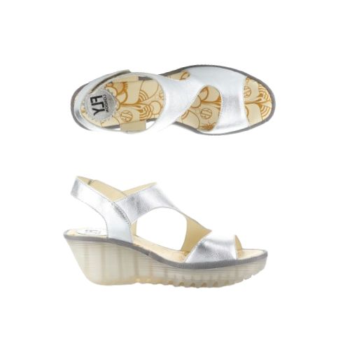 Top and side views of Yoxa Wedge Sandal in silver, featuring a lightweight rubber sole and ergonomic design for comfort.