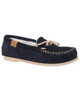 Ottawa Moccasin in Navy. Dark blue suede upper with beige stitching and beige outsole. 