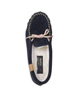 Top view of Ottawa Moccasin in Navy. Laces are beige, lining is white faux shearling. 