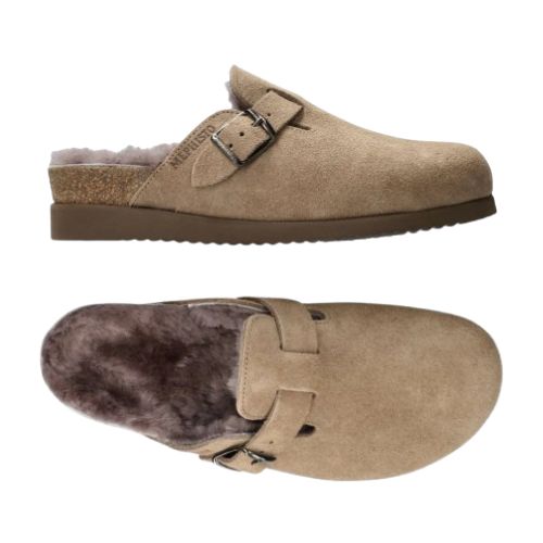 Top and side view of Mephisto clog with suede upper in warm grey, side buckle, brown rubber outsole and fur lining