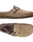 Top and side view of Mephisto clog with suede upper in warm grey, side buckle, brown rubber outsole and fur lining