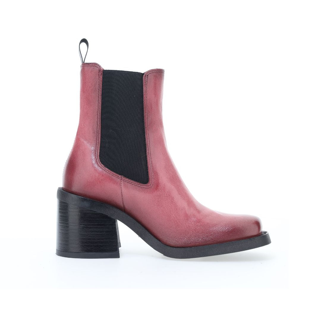 Mjus Coral color leather Chelsea boot with chunky stacked heel, black elastic side goring, square toe, and heel pull tab.