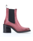 Mjus Coral color leather Chelsea boot with chunky stacked heel, black elastic side goring, square toe, and heel pull tab.