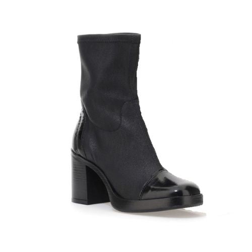 Mjus Black heeled ankle boot with green patent toe cap and heel detail.