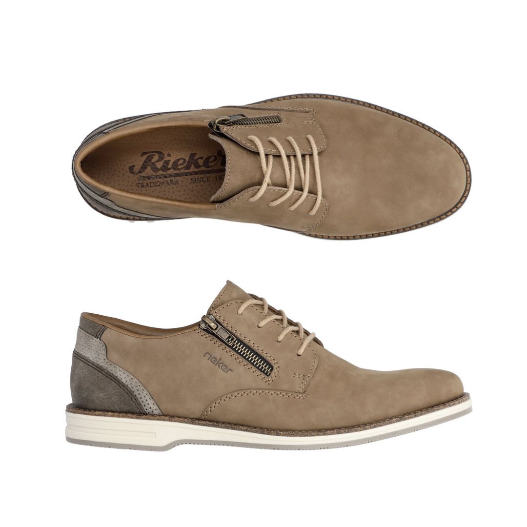 12505 Semi-Dress Shoe in beige leather with side zipper, featuring contrasting gray heel detail, white sole, and classic lace-up design. Casual yet refined oxford-style footwear with clean lines and modern styling