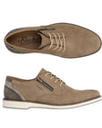 12505 Semi-Dress Shoe in beige leather with side zipper, featuring contrasting gray heel detail, white sole, and classic lace-up design. Casual yet refined oxford-style footwear with clean lines and modern styling