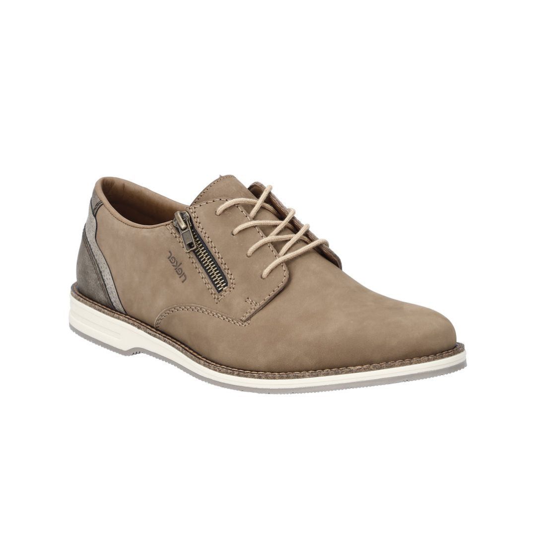 12505 Semi-Dress Shoe in taupe leather with side zipper detail, white contrast sole, traditional lacing system, and casual-elegant design featuring a spacious toe box for comfort. Classic oxford silhouette with modern comfort elements.