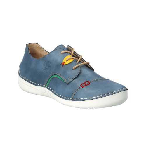 Blue sneakers with beige laces, white sole and colorful accents.