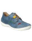 Blue sneakers with beige laces, white sole and colorful accents.