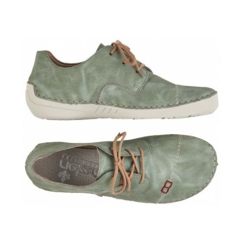 Mint green Rieker lace-up sneakers with tan laces and white soles.