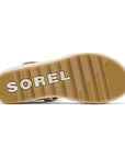 Brown Cameron wedge sandal outsole with white SOREL logo, featuring raised grooves.