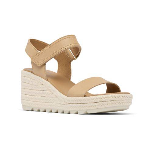 Cameron Wedge Sandal by Sorel: beige with adjustable ankle strap and white textured platform sole.