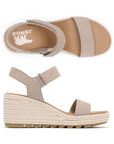 A pair of Sorel Cameron wedge sandals in beige leather with adjustable ankle straps and textured soles.