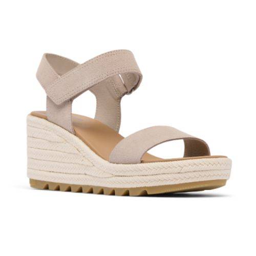 Sorels Cameron Wedge Sandal features a beige braided espadrille heel and adjustable ankle strap in genuine leather.