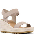 Sorels Cameron Wedge Sandal features a beige braided espadrille heel and adjustable ankle strap in genuine leather.