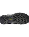 Dark grey rubber outsole with tread and yellow KEEN logo in the center. 