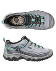 Top and side view of Targhee IV Hiking Shoe. Features a teal pull tab at the back. 