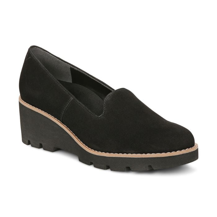 Black wedge loafer with lugged outsole.