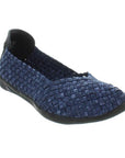 Bernie Mev blue jeans Catwalk ballet flat with a woven elastic upper and black outsole. 