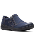 Carleigh Ray loafer in navy. Blue nubuck upper featuring side zipper, grey stitching, and black outsole. 