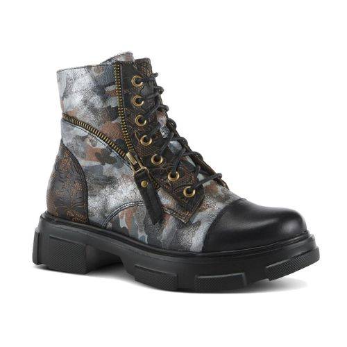 L&#39;Artiste combat Boot in gray camouflage with hand-painted leather uppers, lace-up front, and rugged platform outsole.