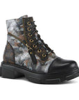 L'Artiste combat Boot in gray camouflage with hand-painted leather uppers, lace-up front, and rugged platform outsole.