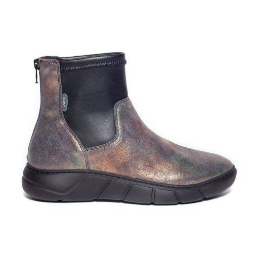 Wedge ankle boot with metallic burnished purple leather upper and black paneling. Zipper at the back of the ankle. The low wedge outsole is black.