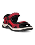 An Ecco Yucatan  light and dark red nubuck sandal with black accents on velcro heel, instep and toe straps. Footbed is black, midsole is white, and outsole is black.