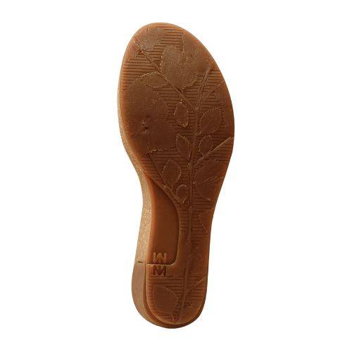 Brown rubber outsole with decorative floral etching. 