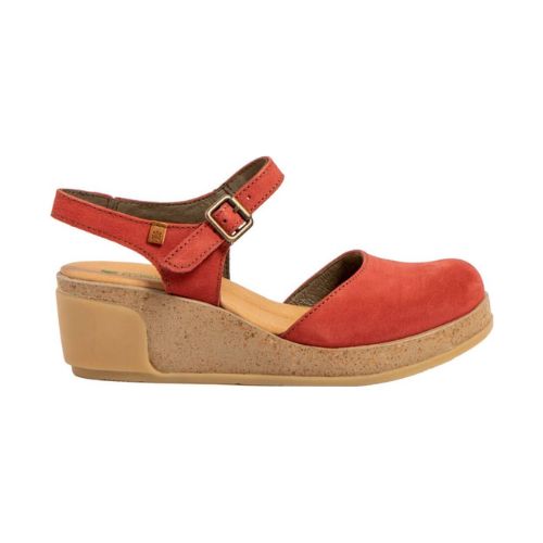 Closed-Toe wedge in red with buckled ankle strap.