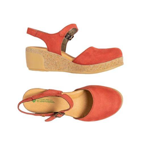 Pair of  Closed-Toe Wedge backstrap with buckle sandal in red. Footbed is beige with El Naturalista branding. 