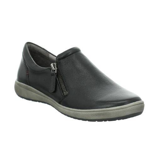 Caren 23 Sneaker in black. Black leather upper with a side zipper, grey midsole, and black outsole. 