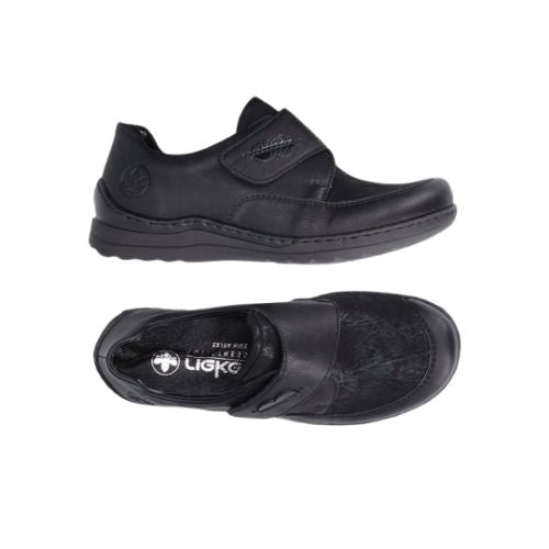 Rieker 48954 Velcro Shoe in black, shown from side and top views, featuring flexible uppers and a secure Velcro strap for added comfort.