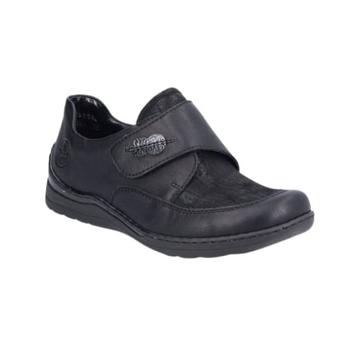 Rieker 48954 Velcro Shoe in black with soft stretch uppers and a slip-on design, ideal for bunions and hammertoes. Comfortable women's casual shoe.