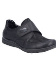 Rieker 48954 Velcro Shoe in black with soft stretch uppers and a slip-on design, ideal for bunions and hammertoes. Comfortable women's casual shoe.