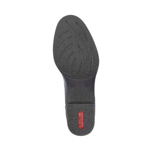 Shoe sole with shock absorbing outsole, textured pattern, and a red rectangular label near the heel.