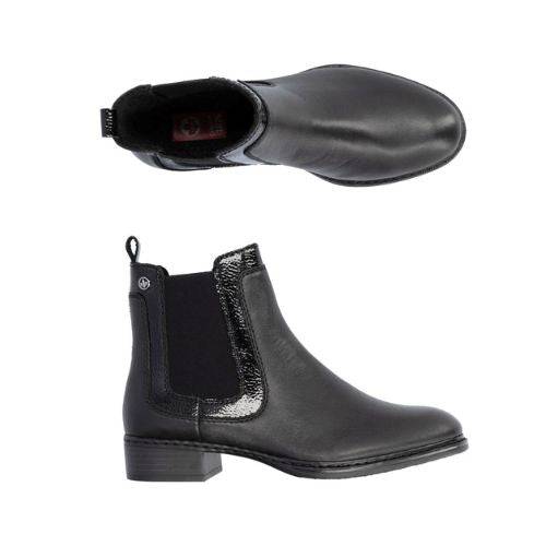 Chelsea boots in genuine black leather with elastic side panels and low heels, shown from side and top views on a white background.