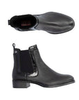 Chelsea boots in genuine black leather with elastic side panels and low heels, shown from side and top views on a white background.