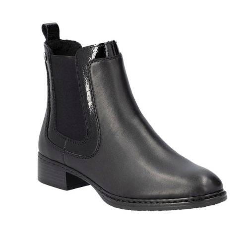 Genuine leather Chelsea boots in black with elastic side panels, shock-absorbing outsole, and low heel.